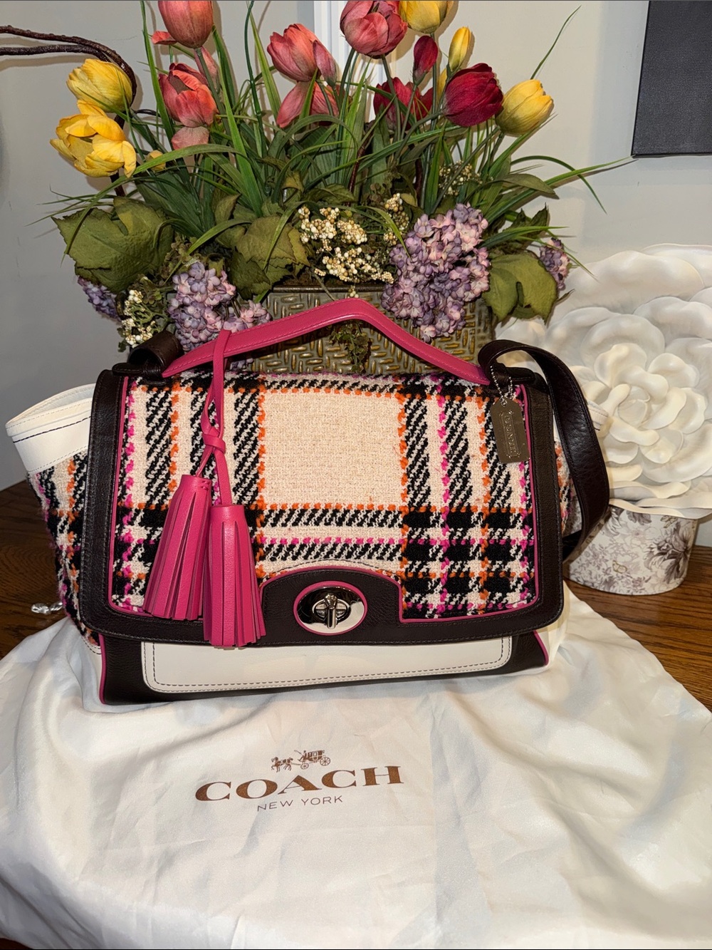 COACH Legacy Tweed & Leather Multicolor Turn-lock w/Dust-bag - EUC